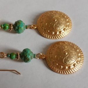 Gold Circle Charm Green Turquoise Glass Earrings